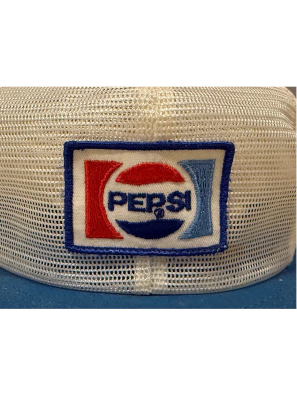 Vtg 1980s Pepsi Cola Mesh Trucker Hat Snapback White/Blue Pom Pom Patch Logo Cap